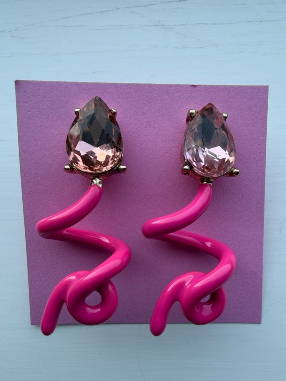 Hot Pink Enamel Spiral Squiggle Drop Earrings with Pink Teardrop Stone
